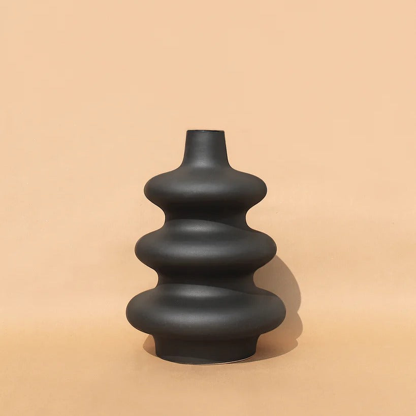Large 12.5-inch contour ceramic vase in black, a tall vase for branches and long stems